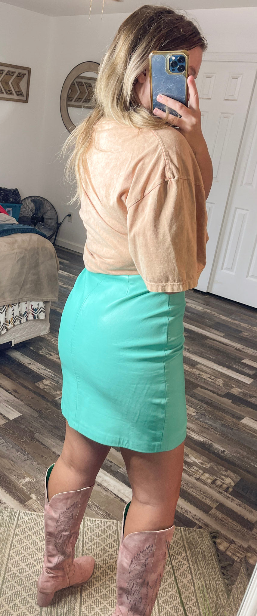 Turquoise Leather Midi Skirt
